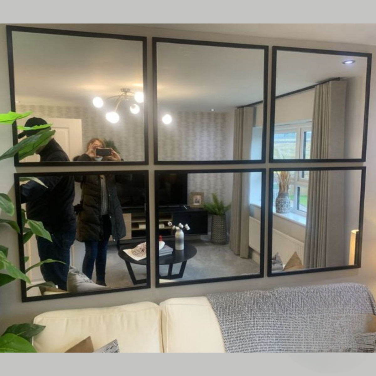 Large Black Framed 6 Panel Wall Mirror