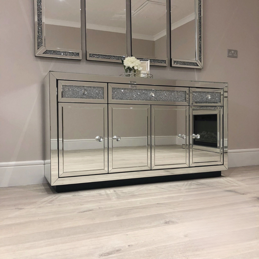 3 Drawer & 4 Door Diamond Crush Mirrored Sideboard