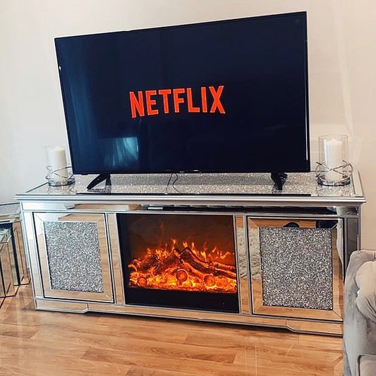 Diamond Crush Mirrored Media Unit With Fire